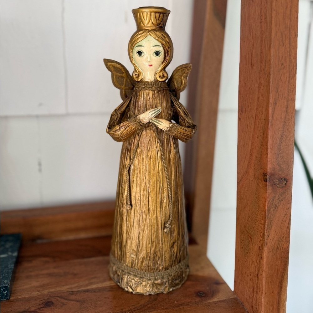 Vintage hand painted face Gold Angel Figurine candle holder